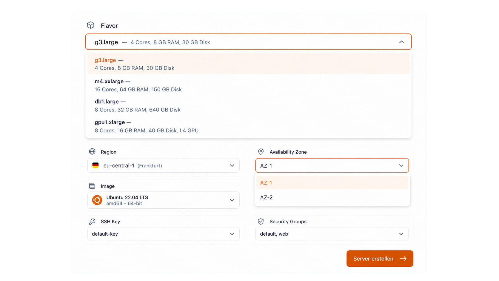 firstcloud Create Server Wizard — Typ, Ressourcen, Standort und Image auswählen